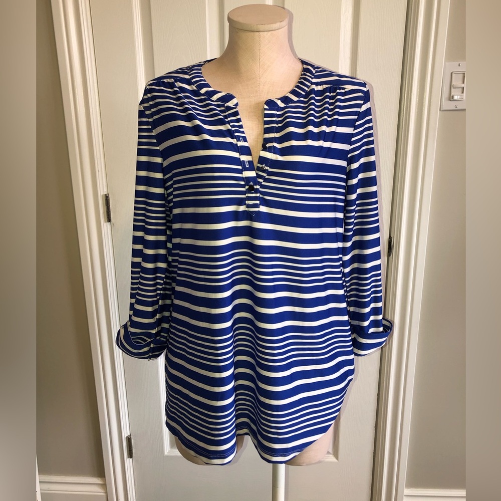 3/$20 Kim Rogers blue striped tunic